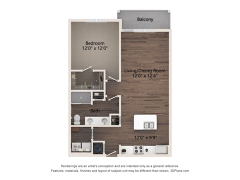 Floor plan for 1 bed, 1 bath, 811 sqft